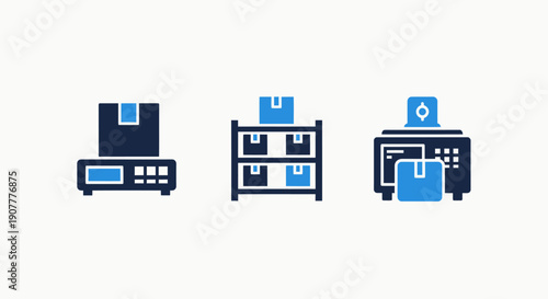 Comprehensive Logistics and Inventory Management Icons, featuring Shipping and Packaging Processing Symbols for Warehouse Operations and Supply Chain Pictograms
