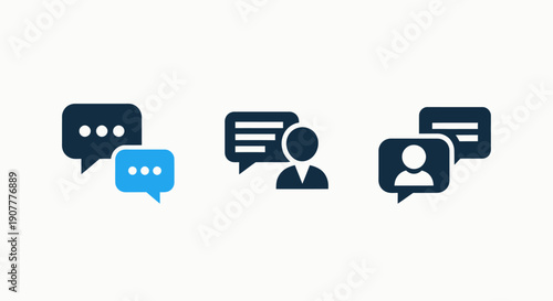 Modern Communication and Messaging Icons Set, including Chat Bubble and User Interaction Symbols for Online Conversation and Customer Support Pictograms