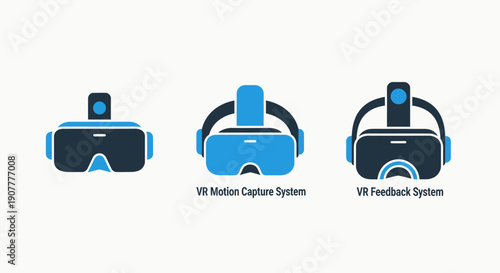 Advanced Virtual Reality Systems Icons, representing VR Motion Capture and Feedback Technology Symbols for Immersive Digital Experience Devices and Development