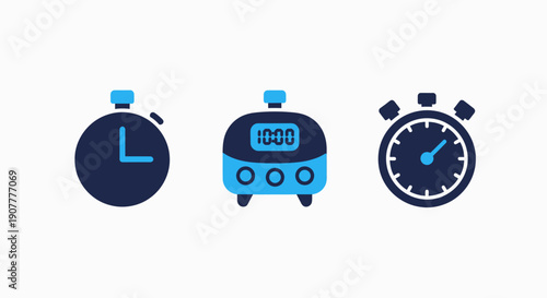 Time, Stopwatch, and Digital Timer Icons, representing Chronometer and Countdown Measurement Symbols for Productivity and Punctuality Tracking