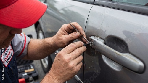 Auto locksmith services technician unlocking car door with tools