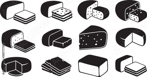 Various Black and White Cheese Wedge Illustrations Collection