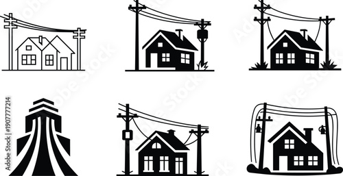Vector illustrations of suburban houses under overhead utility poles and power lines, telephone cables framing residential homes, electrical infrastructure silhouette monochrome icons