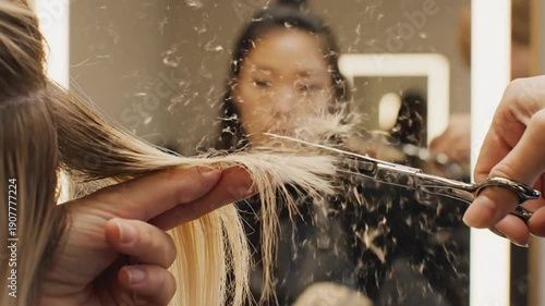 Wallpaper Mural Professional Hairdresser Cutting Blonde Hair with Scissors in a Salon. Torontodigital.ca