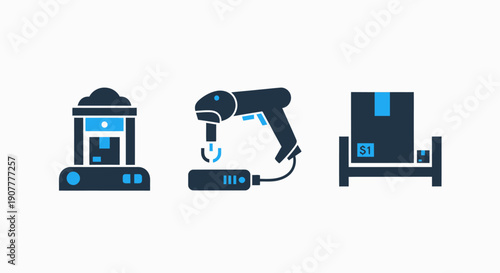 Industrial Production, Inventory Management, and Product Pricing, Barcode Scanning and Manufacturing Process, Modern Flat Vector Icon Set