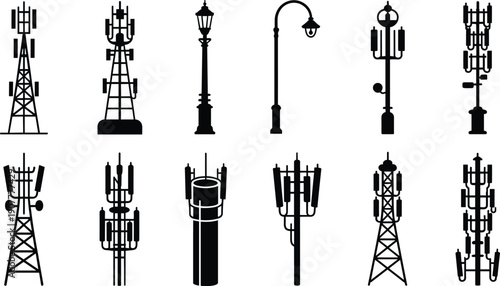 Vector set of telecommunications towers and decorative street lamps in silhouette, cellular masts, antenna pole designs, urban and rural lighting icons collection