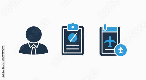 Business Professional and Travel Planning Icons with Flight Documentation and Restrictions