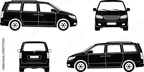 Vector silhouettes of passenger minivan from multiple angles and perspective, side, front, rear, modern family MPV, automotive transport icon set, monochrome vehicle illustration