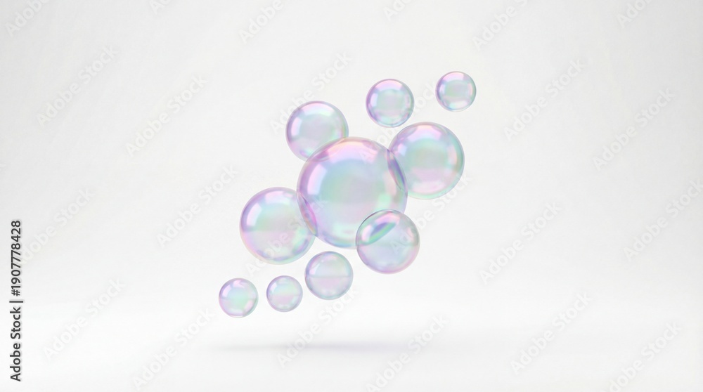 Fototapeta premium Iridescent Soap Bubbles Floating in a White Studio Setting.
