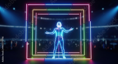 Futuristic holographic human performance on a neon stage.