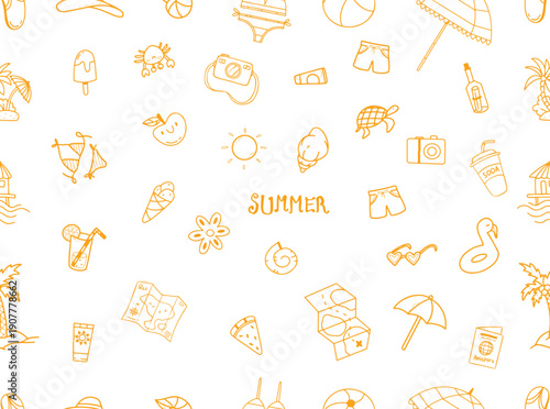 Summer, travel and beach sketch seamless pattern in yellow color vector