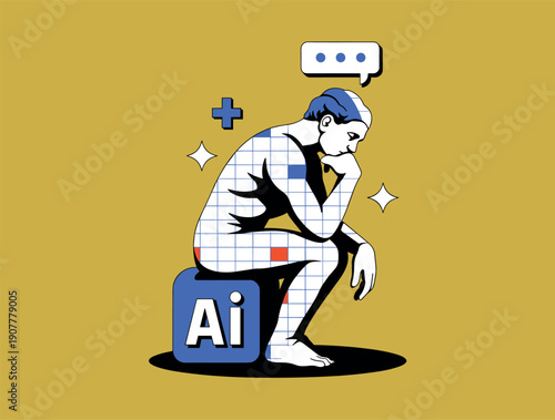 The thinker statue illustration seated on an AI block representing artificial intelligence philosophical thought machine learning and future technology.
