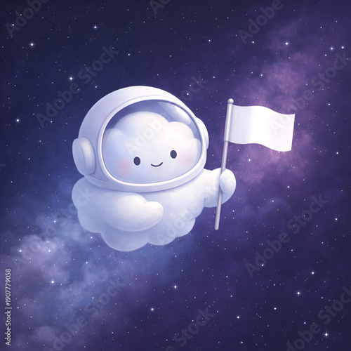 Astronaut Cloud Character Holding White Flag Exploration and Imagination Illustration