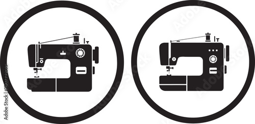 Two black silhouette icons of modern sewing machines inside white circles, representing crafting and tailoring.