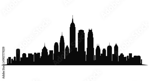 Detailed city skyline silhouette with numerous modern buildings, isolated white background.
