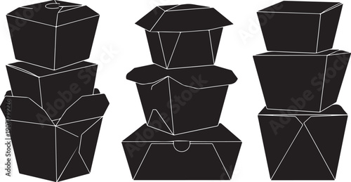 Black takeout containers stacked in various configurations illustration