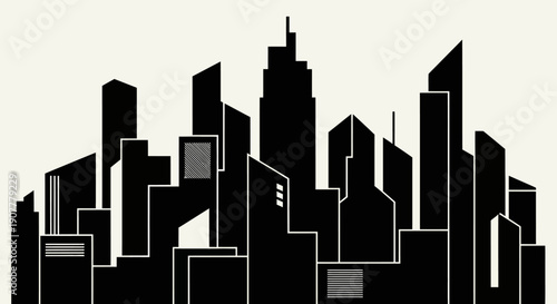 Abstract modern city skyline silhouette with geometric buildings, in bright studio.