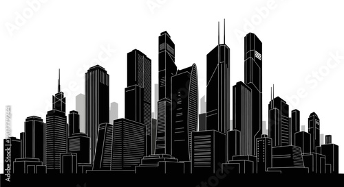 Modern city skyline silhouette with tall buildings, isolated white background.