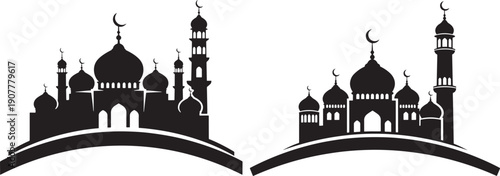 Two black silhouette illustrations of Islamic mosques with domes and minarets on a white background.