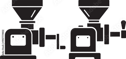 Two black silhouette icons of coffee grinders with hoppers, representing coffee making and beverages.