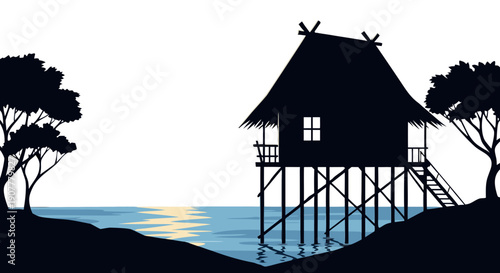 Silhouette of a tropical bungalow house on a Maldives island beach at sunset with a luxury resort villa overlooking the turquoise ocean lagoon and summer paradise landscape