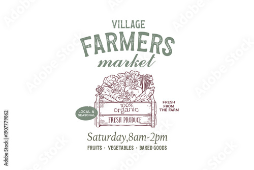Village Farmers Market Vintage Signage with Wooden Crate of Fresh Vegetables Illustration Design