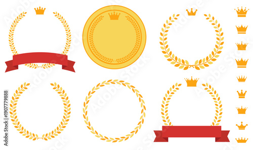 黄色基調の王冠と月桂冠を組み合わせた装飾フレーム素材 ゴールドのエンブレムセット
