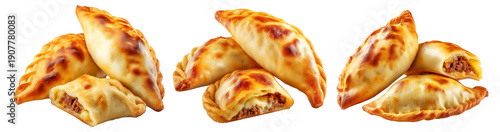 Sambousek Sambusa baked empanadas filled with ground beef and melted cheese, isolated on white transparent background
