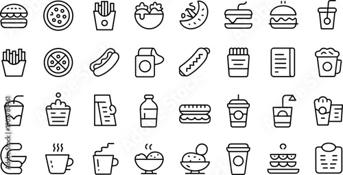Fast Food and Restaurant Line Icons Set with Burger Pizza Drinks Snacks and Takeaway