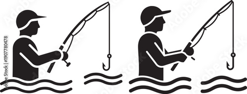 Two black silhouette fishermen casting lines into wavy water, representing angling and leisure.