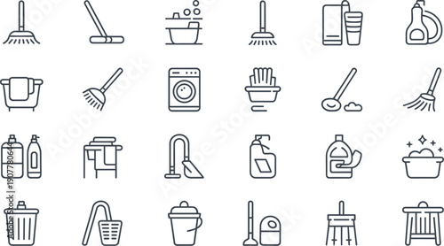 Cleaning and Household Line Icons Set with Tools Detergent Laundry Kitchen and Home Care