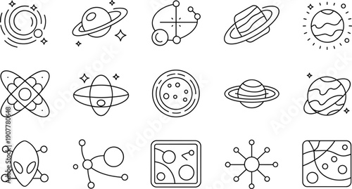 Space and Science Line Icons Set with Planets Atom Orbit Galaxy and Astronomy Symbols