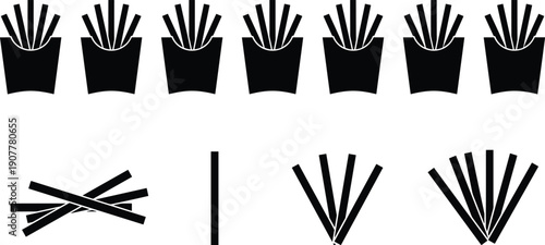 French fries vector illustration set, black silhouettes of containers and stylized fry arrangements for fast food and snack design