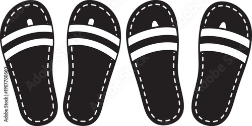 Black and White Flip-Flops Icons: Summer Footwear with Striped Detail, Minimalist Design for Beach, Travel, or Vacation Concepts