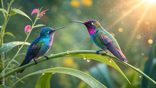 Two vibrant iridescent hummingbirds perched on green branch with flowers in golden sunlight