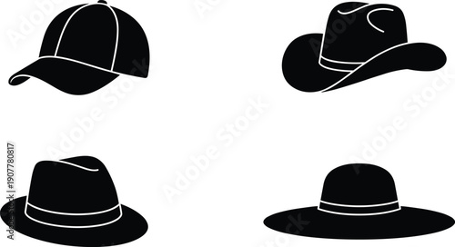 Hat silhouette vector illustration set, black fashion icons of baseball cap, cowboy hat, fedora, and wide-brim sun hat