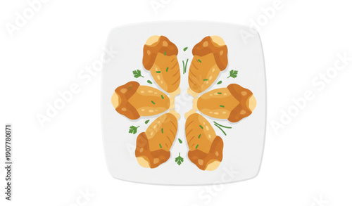 Golden Brown Chicken Wings on White Plate Flat Vector Illustration