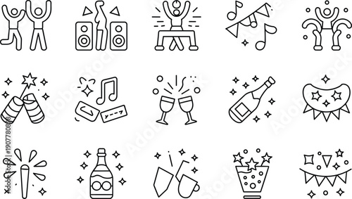 Party and Celebration Line Icons Set with Confetti Fireworks Champagne Music and Fun