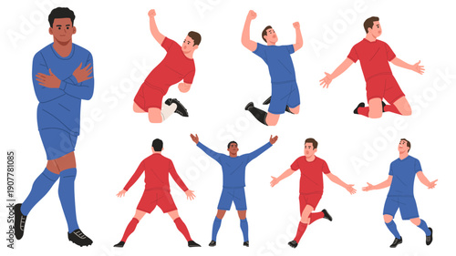set of male soccer players celebrating a goal in various dynamic poses such as jumping, sliding and victory gestures.Perfect for football match highlights, sports branding, tournament,poster,media