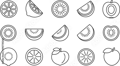 Fruit Slice and Citrus Line Icons Set with Orange Lemon Lime Apple and Tropical Fruits