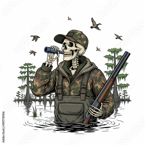 Skeleton hunter wearing camouflage waders blowing duck call in swamp with flying mallards