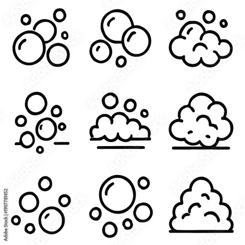 Bubbles and Foam Line Icon Set for UI and Social Media, Stylized Vector Cartoon Symbols on White Background
