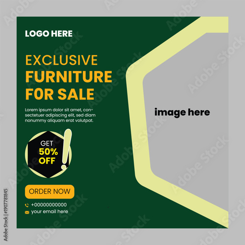Elevate your furniture business with this professionally designed social media post template. Featuring a luxurious emerald green and golden-yellow color palette.