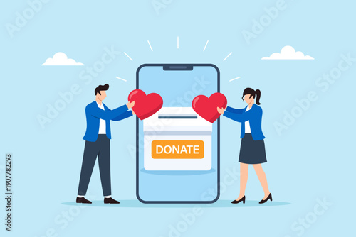 Flat illustration of man and woman donate heart to mobile charity box on smartphone representing kindness digital fundraising social support and generosity
