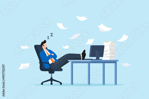 Flat illustration of exhausted businessman sleeping on office chair with feet on desk surrounded by flying papers symbolizing workplace burnout fatigue procrastination and low productivity