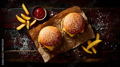Top View of Two Burgers with French Fries and Ketchup on Rustic Wooden Table Overhead Shot of Classic Burgers with Fries on Dark Wooden Background