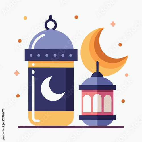 Ramadan lantern and crescent moon islamic festive flat vector design