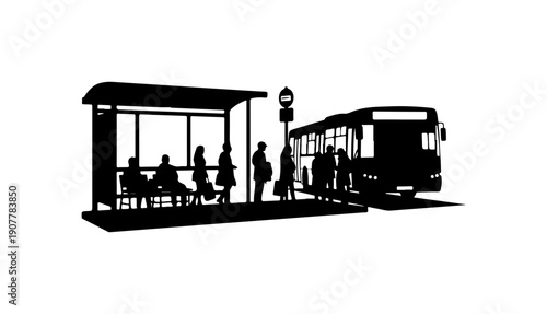 Bus Stop with Passengers and Public Transit Bus