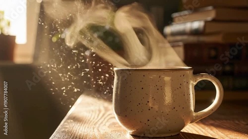 Cozy morning concept with hot steaming tea and cinematic lighting
