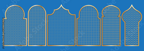 Islamic gold arch set with Arabic geometric patterns and frames